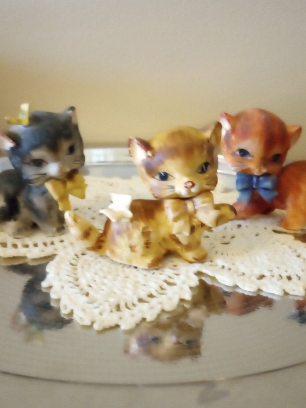 Vintage Kitten Figurines Trio Hand Painted with Bow & Butterfly 60s Kitsch